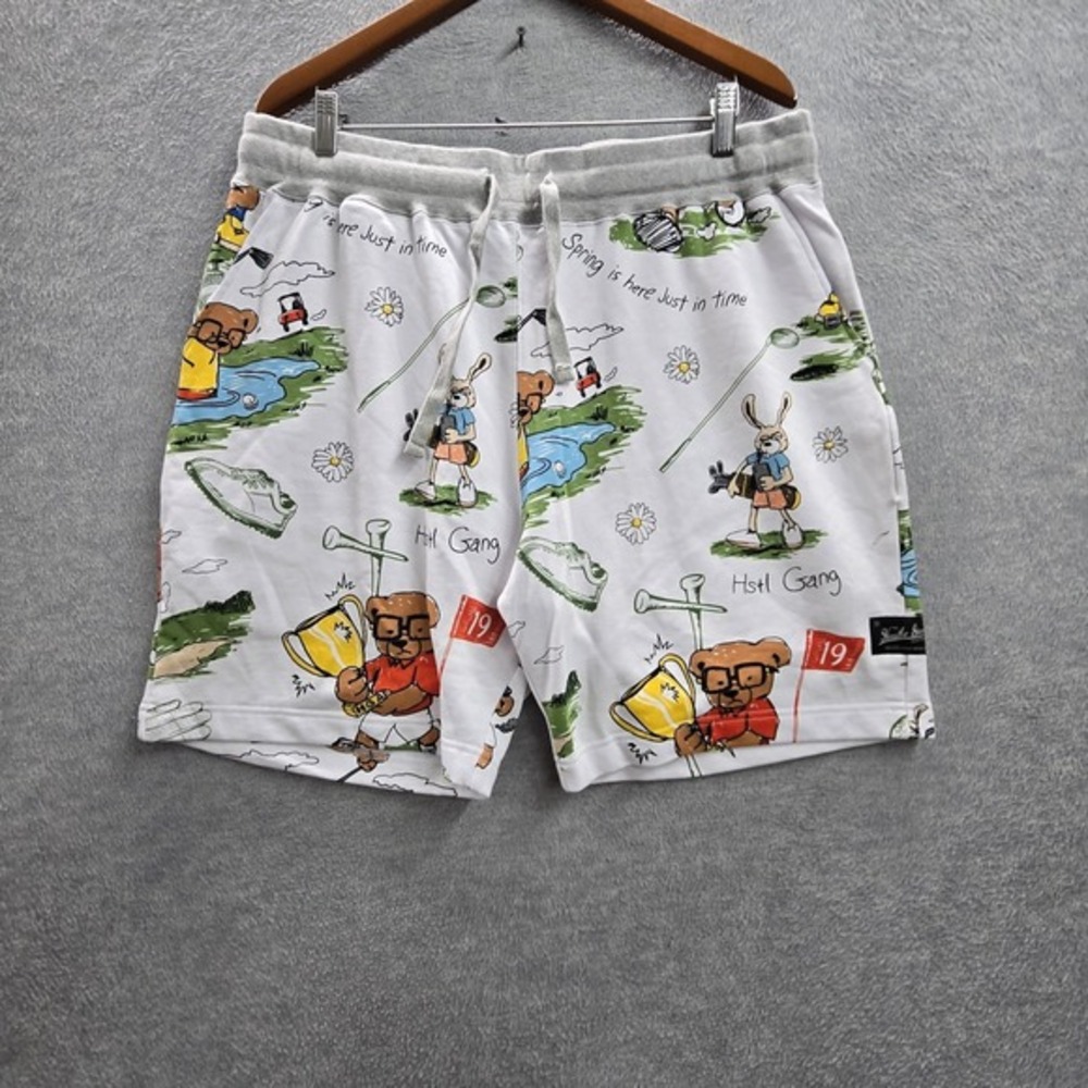 Hustle Gang Men Shorts 2X White‎ Graphic Putter Golf Bears Drawstring NWT